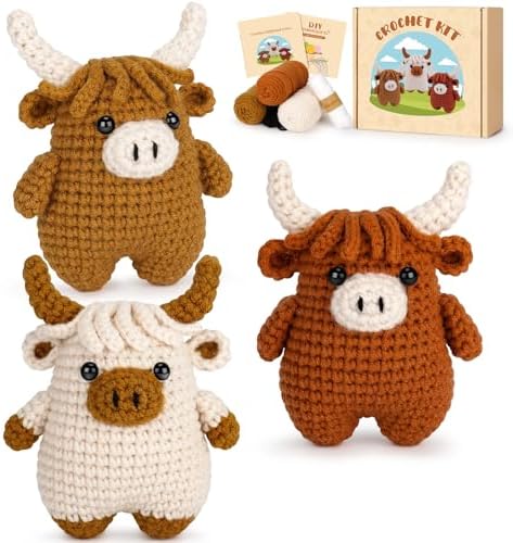 Fortuning's JDS Crochet Kit for Beginners - Crochet Highland Cow Beginner Crochet Kit for Adults, Complete Scottish Cow Crochet Animal Kits, Easy Crocheting Knitting Starter Kits Gifts by FortuningsJDS