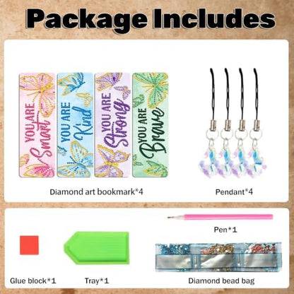 CRZMODE 4 Pack Butterfly Diamond Art Bookmarks, Special Shaped Diamond Painting Bookmarks with Pendant, DIY Butterfly Diamond Art with Tassels Crafts Gifts Supplies - Image 3
