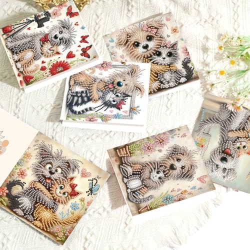 6 Pcs 5D Diamond Painting Greeting Cards Kits, Handmade Festival Greeting Cards with Envelopes DIY Diamond Art Crafts Birthday Cards Laser Effect for Birthdays Holidays Celebrations (Cat Dog Cuddling) - Image 5