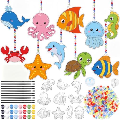 Dunzoom 30 Set Under the Sea Suncatcher DIY Craft Kit Acrylic Ocean Animals Window Art Paint Activity for Birthday Party Favors Summer Camp Classroom Activity 10 Designs Colorful Beads Paint by Dunzoom