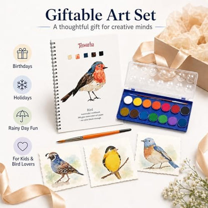 Teswarha Animals Watercolor Workbook With12 Sheets 300GSM Art Paper 16 Colors Watercolor Paint Set with 2 Watercolor Brushes Water Coloring Book Kit for Adults Teens 8.2 x 9.8in - Image 7