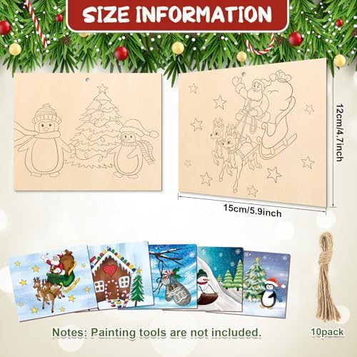 COCHIE 10 Pieces Large Christmas Unfinished Wood Crafts to Paint for Adults, Bulk Winter Predrilled Wooden Ornaments for Painting, Peppermint Candy House Paintable Wood Slices Craft Supplies - Image 2