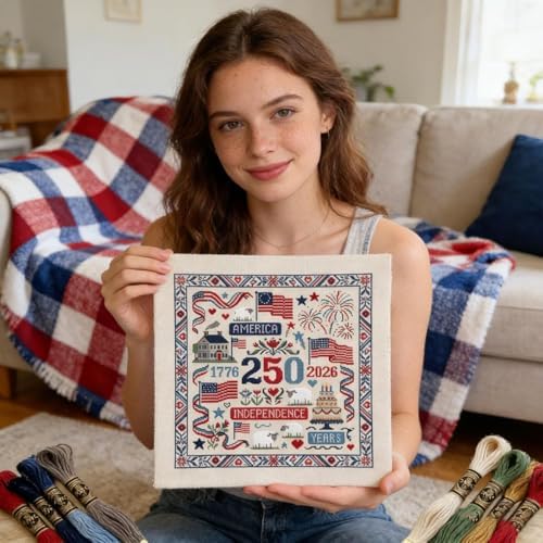 USA 250th Anniversary Cross Stitch Kit 9.8 x 9.8 Inch, 1776-2026 Patriotic Embroidery Kit for Beginners Adults, DIY 4th of July Patriotic Needlepoint Set with Threads Needle Wall Decor Craft Gift - Image 4