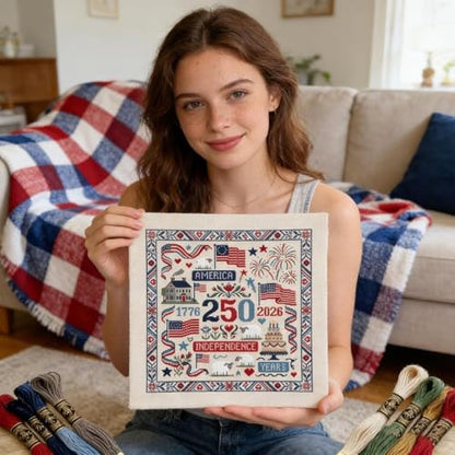 USA 250th Anniversary Cross Stitch Kit 9.8 x 9.8 Inch, 1776-2026 Patriotic Embroidery Kit for Beginners Adults, DIY 4th of July Patriotic Needlepoint Set with Threads Needle Wall Decor Craft Gift - Image 4