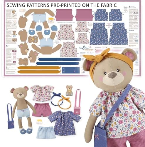 kullaloo – Cut & Sew Fabric Panel – Pre-Printed Patterns on Cotton Fabric – Rag Doll Sewing Kit with Clothes – Betsy Bear Doll Sewing Pattern – incl. Video Instructions by kullaloo