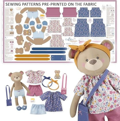 kullaloo – Cut & Sew Fabric Panel – Pre-Printed Patterns on Cotton Fabric – Rag Doll Sewing Kit with Clothes – Betsy Bear Doll Sewing Pattern – incl. Video Instructions by kullaloo