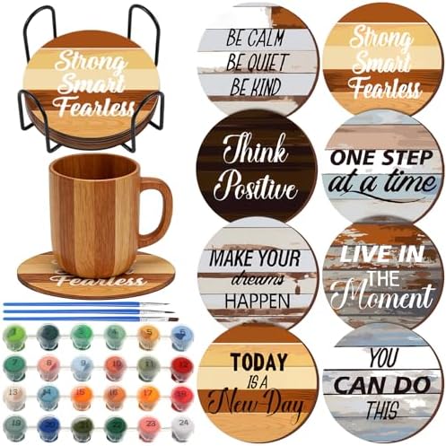 Reallnaive 8 Pcs Inspirational Paint by Number Kit for Adult Wooden Coaster by Reallnaive