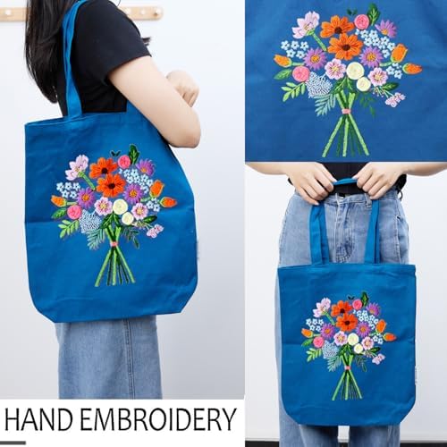 CREAWONDER Canvas Tote Bag Embroidery Kit with Pattern for Beginners, Arts and DIY Embroidery Crafts Kits for Adults, Include Instructions, Thimble, Embroidery Hoops, Color Threads and Tool - Image 2