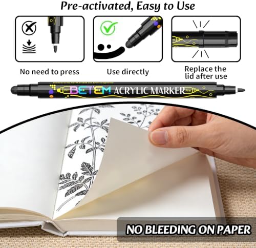 Betem 6 Black Dual Tip Acrylic Paint Markers, Fabric Decorating Kits - Image 5