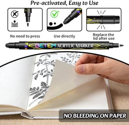 Betem 6 Black Dual Tip Acrylic Paint Markers, Fabric Decorating Kits - Image 5