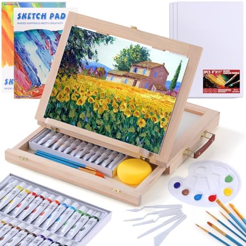 54 Pieces Complete Watercolor Paint Set with Portable Wooden Tabletop Easel by welcome