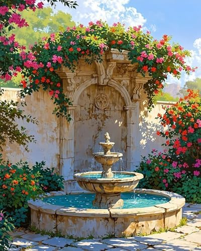 MBNTJHT Landscape Paint by Numbers Kit for Adults Beginner,DIY Fountain and Flowers Paint by Number Kits on Canvas,Unframed Watercolor Art Painting Kit Crafts for Home Wall Decor 16X20 Inch. by MBNTJHT