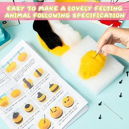 WATINC Set of 4 Cute Animal Needle Felting Starter Kit Frog Chick Bee Narwhal Animal Doll Wool Felting Tools Felt Needles Foam Mat DIY Needlework Craft Party Supplies for Beginners Adults - Image 4