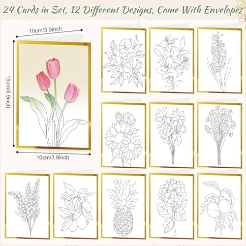 Motiskyy 24 Pack Watercolor Painted Flowers Greeting Cards to Paint Set for Teachers Students Thank You Notes DIY Card Customizable Teens with Envelopes 24 Marker Pens Gold Foil Blank Gift Cards - Image 3