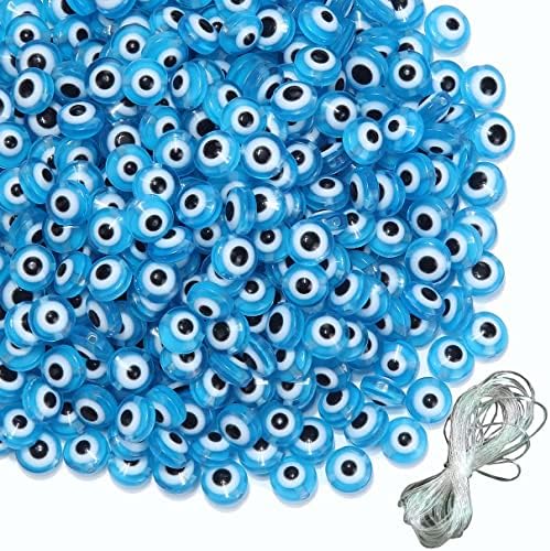 200pcs Evil Eye Beads Aqua Blue Resin Evil Eye Spacer Beads Charms with Elastic Rope for DIY Jewelry Bracelet Necklace Earring Crafts Making Handmade (Aqua Blue) - Image 2