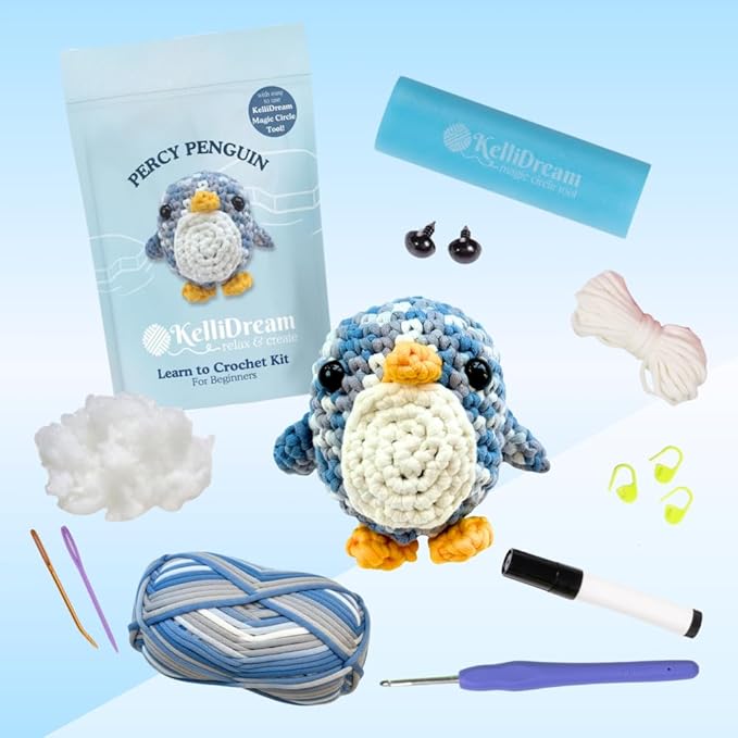 KelliDream Magic Circle Tool Inclusive Learn to Crochet Kit for Beginners; Step-by-Step Video Tutorials; All Supplies to Make Cute Amigurumi (Penguin)