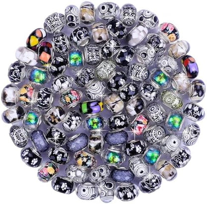 Aipridy Large Hole European Beads, Craft Supplies Kit，Assorted Mixed Color Lampwork Spacer Beads for DIY Bracelet Jewelry Making (100, Black) - Image 2
