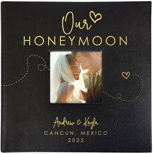 Personalized Photo Album For Newlyweds, Holds 200 4" x 6" Photos, Engraved Our Honeymoon Leatherette Photo Album, Black Picture Album, Custom Photo Keepsake, Wedding Gifts