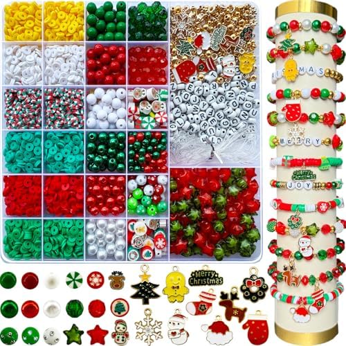 3140PCS Christmas Beads for Bracelets Jewelry Making Kit, Christmas Tree Snowflake Charms, Red Green Xmas Clay Beads Assorted Acrylic Crystal Round Pearl Star Spacer Bead for DIY Crafts Necklace by Unknown