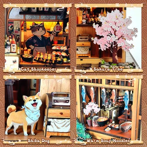 DIY Book Nook Kit for Adults, Japanese Sakura Dollhouse Kit, Miniature House Kit with LED Light, Mini Building Kit, 3D Wooden Puzzles Bookshelf Craft Diorama for Adults Teen Gifts (Japanese Izakaya) - Image 4