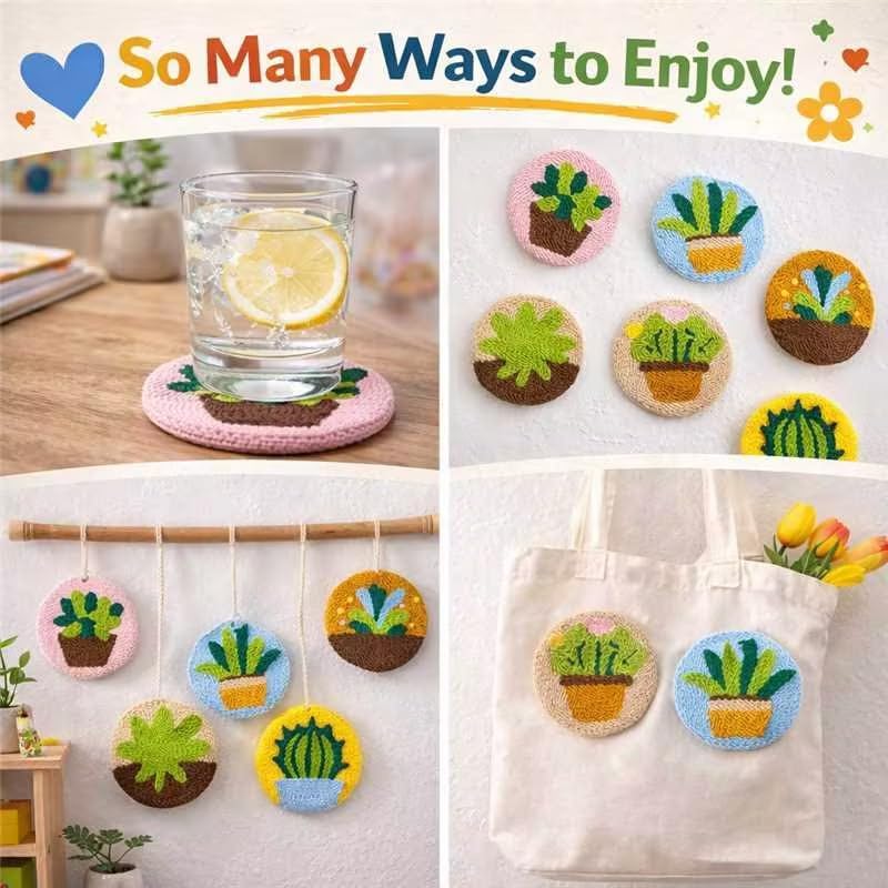 Punch Needle Coaster Kit for Adults Beginners, Easy Punch Embroidery Starter Set with Instructions – Fun Mug Rug Making Kit for Table Decor & Festival DIY Gifts (6pcs Succulent Plants) - Image 6