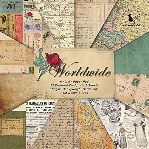 DESEACO Scrapbook Paper Pad 6x6 Antique Maps Designs, Single-Sided Decoupage Sheets, Colorful Cardstock for Scrapbooking, DIY Background, Cardmaking, Junk Journal Crafts – 24 Pcs