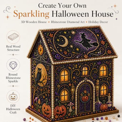 Halloween Wooden House 3D Rhinestone Diamond Art DIY Kit, for Adults, Wooden 3D House with Round Rhinestones and Pearl Accents for Hands-on Halloween Crafting and Tabletop Seasonal Decor. (Style-C) - Image 2