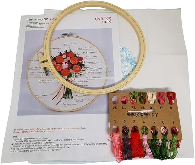 3 Sets Embroidery Starter Kit with Pattern and Instructions,Cross Stitch Beginner Kits with Frame,3 Plastic Embroidery Hoops,3 Embroidery Clothes and Color Threads (3 X Flower Pattern)