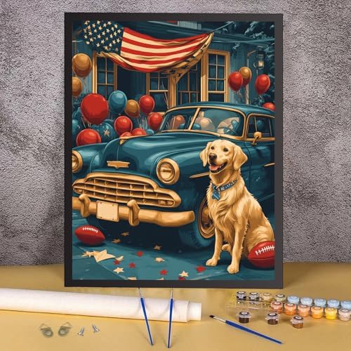 RICUVED Dog Paint by Numbers for Adults, Independence Day Paint by Numbers Kit for Adults Beginners, Flag DIY Acrylic Car Oil Painting on Canvas Easy for Gift Home Wall Decor 16x20 Inch - Image 2