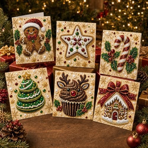 6Pcs Christmas Cookies DIY Pearl Diamond Art Greeting Cards Kits by Unknown