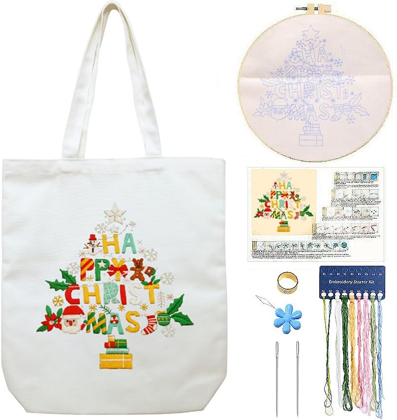 Canvas Tote Bag Embroidery Kit with Pattern for Beginners, Arts and DIY Embroidery Crafts Kits for Adults, Instructions, Thimble, Embroidery Hoops, Color Threads (Beige, CR002 Christmas Tree) by Unknown