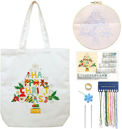 Canvas Tote Bag Embroidery Kit with Pattern for Beginners, Arts and DIY Embroidery Crafts Kits for Adults, Instructions, Thimble, Embroidery Hoops, Color Threads (Beige, CR002 Christmas Tree) by Unknown