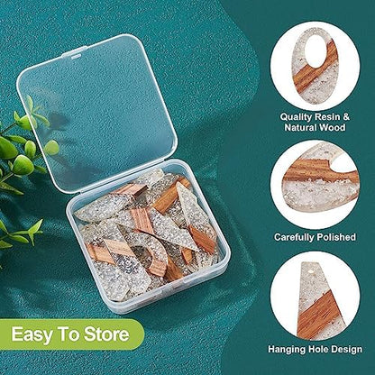 FASHEWELRY 14Pcs Resin Wood Earring Charms - Silver Foil Wooden Earring Blanks - Geometry Boho Charms - Round & Teardrop Pieces for Jewelry Making - Image 4