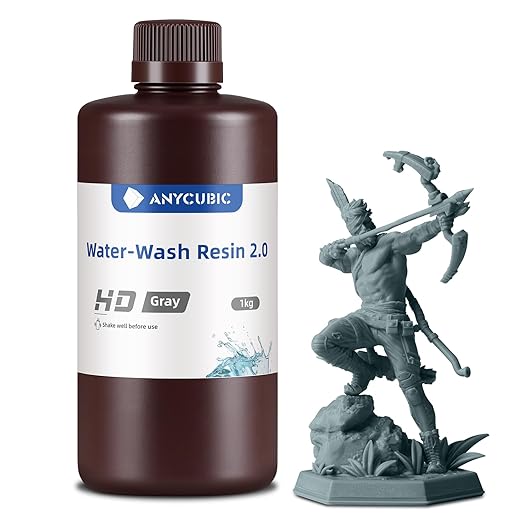 ANYCUBIC Water Washable Resin 2.0, 3D Printer Resin with Low Viscosity and Fast Printing, 405nm High Precision 3D Resin, Photopolymer Resin for 8K Capable LCD DLP 3D Printing (HD Gray, 1kg)