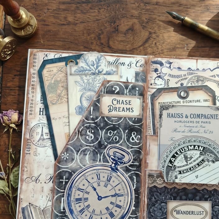 Indigo Vintage Curios Junk Journal Folio Kit, Vintage Scrapbook DIY Handcraft Supplies, Creative Mini Folder & Booklet Making Set for Handmade Art Projects - Image 6