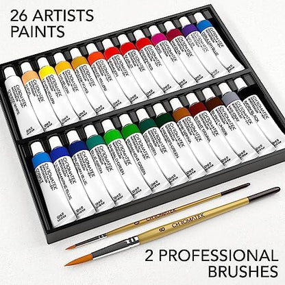 CHROMATEK Watercolor Paint Set - 28 Piece Kit for Adults, Beginners & Professional Artists - 26 x 12ml Liquid Water Color Tubes & 2 Painting Brushes - Richly Pigmented Vibrant Colors - Art Supplies - Image 6