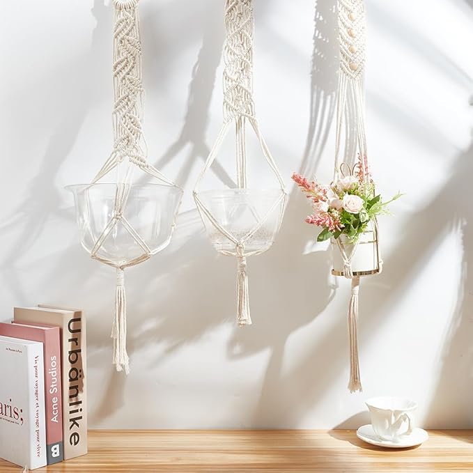 ORIGACH 3 Set DIY Macrame Plant Hanger Kit for Beginner, Boho Macrame Hanging Plant Holders with Macrame Cord, Wooden Rings, S Hooks & Instructions for Adult Beginner