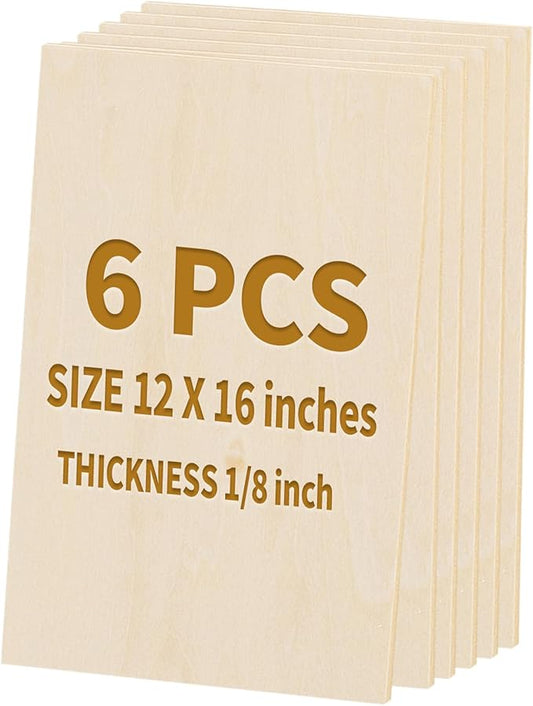 6 Pack Basswood Sheets for Crafts - 12 x 16 x 1/8 Inch - 3mm Thick Large Plywood Sheets Unfinished Bass Wood Boards for Laser Cutting, Wood Burning (12 x 16 x 1/8 inch (6 Pack))