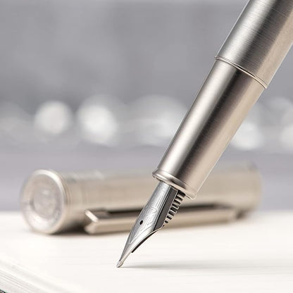 Hongdian 1861 Stainless Steel Fountain Pen Long Blade Nib, Classic Design Smooth Writing Pen with Converter and Metal Pen Case Set