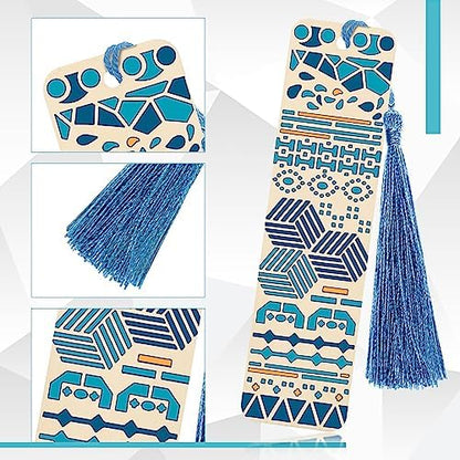 TaoBary 92 Pcs 4.8 x 1.3 Inch Geometry Wood Bookmark Making Kit Includes 36 Unfinished Blank Bookmarks 36 Tassels 20 Templates, Back to School DIY Painting Craft for Home Class Holiday Teachers Gift - Image 3