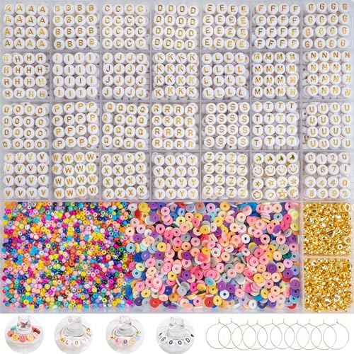 Acrylic Letter Beads Kit for Jewelry Making, 4x7mm Gold Alphabet Beads (1.5mm Hole) with Clay Heishi & Glass Seed Beads, Includes Metal Rings for Wine Glass Charms (White&Gold) by Unknown