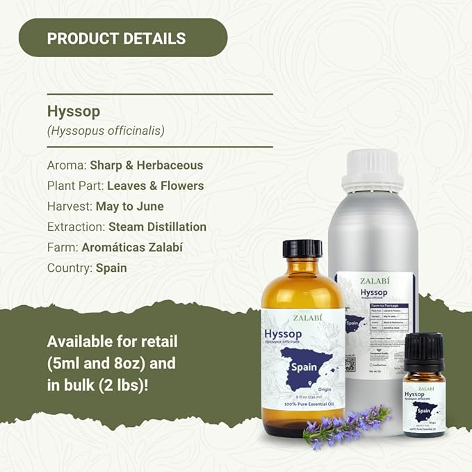 Nature Packaged Hyssop Essential Oil - Direct from Aromáticas Zalabí Spain - Steam Distilled - Aceite de Hisopo for Aromatherapy, Massage, Diffuser, DIY Candle and Soap Making - 15ml