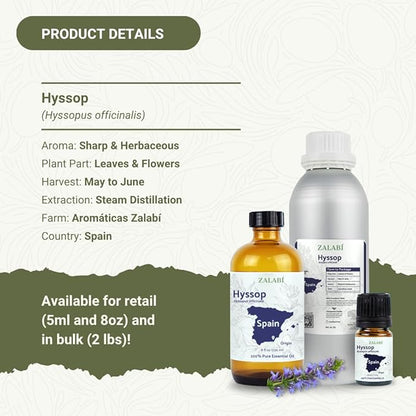 Nature Packaged Hyssop Essential Oil - Direct from Aromáticas Zalabí Spain - Steam Distilled - Aceite de Hisopo for Aromatherapy, Massage, Diffuser, DIY Candle and Soap Making - 15ml