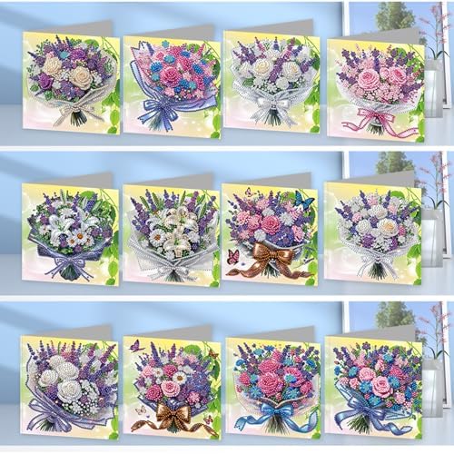 jinglinhh 12pcs Lavender Rose Lily Bouquet Diamond Art Painting Greeting Cards with Envelopes, DIY Card Making Kits for Adults, Diamond Art Christmas Cards for Birthday Holiday Postcards Craft Gifts - Image 5