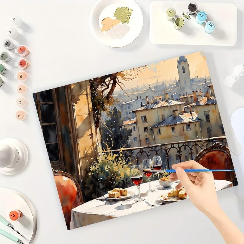 City Balcony Paint by Numbers Kit for Adults - DIY Wine and Food Scene Over Rooftops Painting on Canvas 16x20In, Framed Acrylic Paint Set, Suitable for Beginners, Art for Home Decoration/Gifts - Image 3