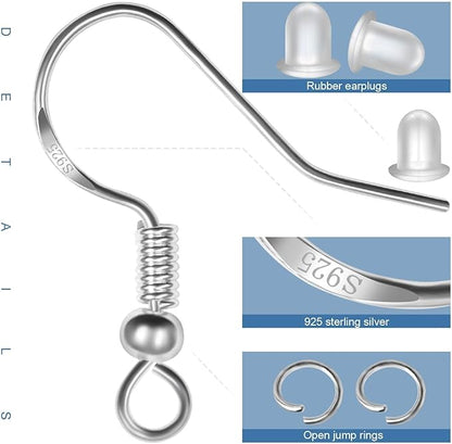 925 Sterling Silver Earring Hooks, 750PCS Earring Hooks Kit 250PCS/125Pairs Hypoallergenic Earring Hooks with 250PCS Silver Open Jump Rings and 250PCS Rubber Earring Backsfor Jewelry Making
