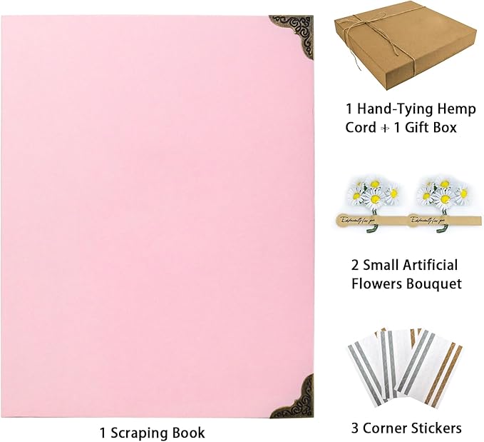 Scrapbook Album 8" x 10" DIY Scrapbook Photo Album Hardcover Kraft Paper 3 Rings Memory Book for Wedding, Anniversary, Travel, Family, Pink