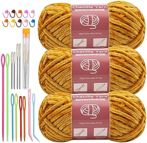LUNARM Chenille Yarn 3 Pack 3.5oz Chunky Blanket Velvet Yarn 263 Yard by Lunarm
