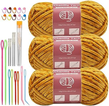 LUNARM Chenille Yarn 3 Pack 3.5oz Chunky Blanket Velvet Yarn 263 Yard by Lunarm