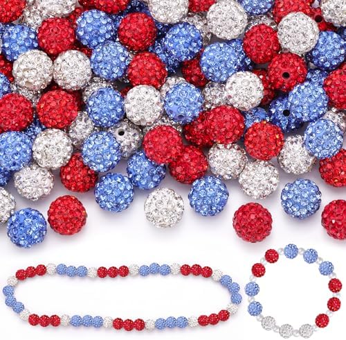 150pcs 10mm Rhinestone Beads for Jewelry Making, Red+White+Light Blue Shiny Round Shamballa Disco Beads, Sparkle Crystal Clay Christmas for Bracelet Baseball Necklace Earring Crafting and DIY by TINKRSTUFF